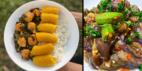 Two photos side by side. On the left is a plate of cooked food that includes shrimp, greens, and plantains over rice. On the right is cooked food including eggplant, okra, parsley, and peppers.