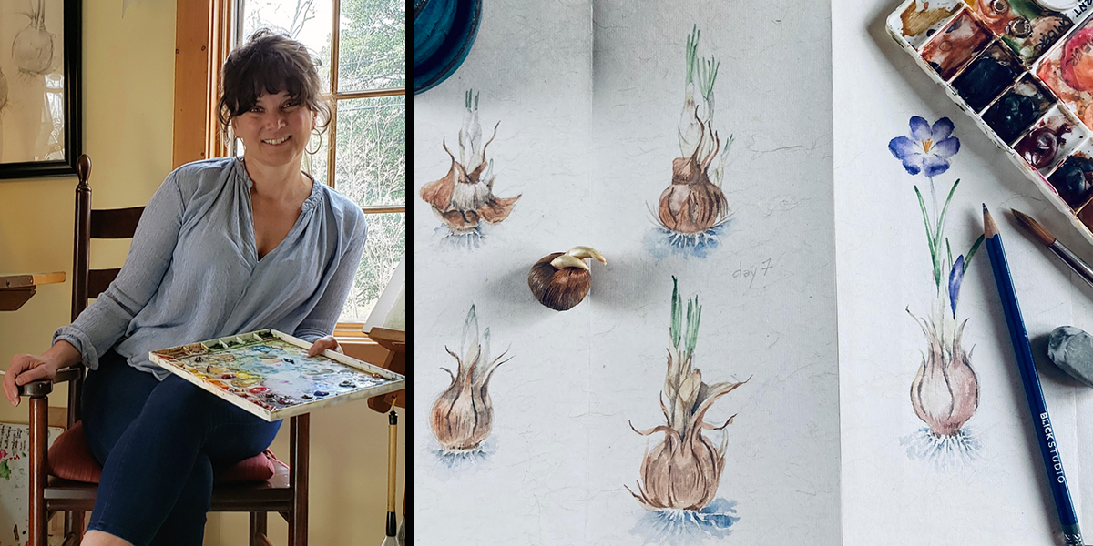 Mary Ellen Carsley sits on a chair in front of a window in her studio; she wears a light blue button up shirt, dark pants with her brown hair pulled up off her neck; she is holding a painter’s palette (L); a series of hand-drawn sketches of a bulb sprouting through various stages scattered on a piece of white paper; a sharpened pencil, grey eraser, wet paintbrush and well used watercolor paint palette sit off to the right side of the image (R)
