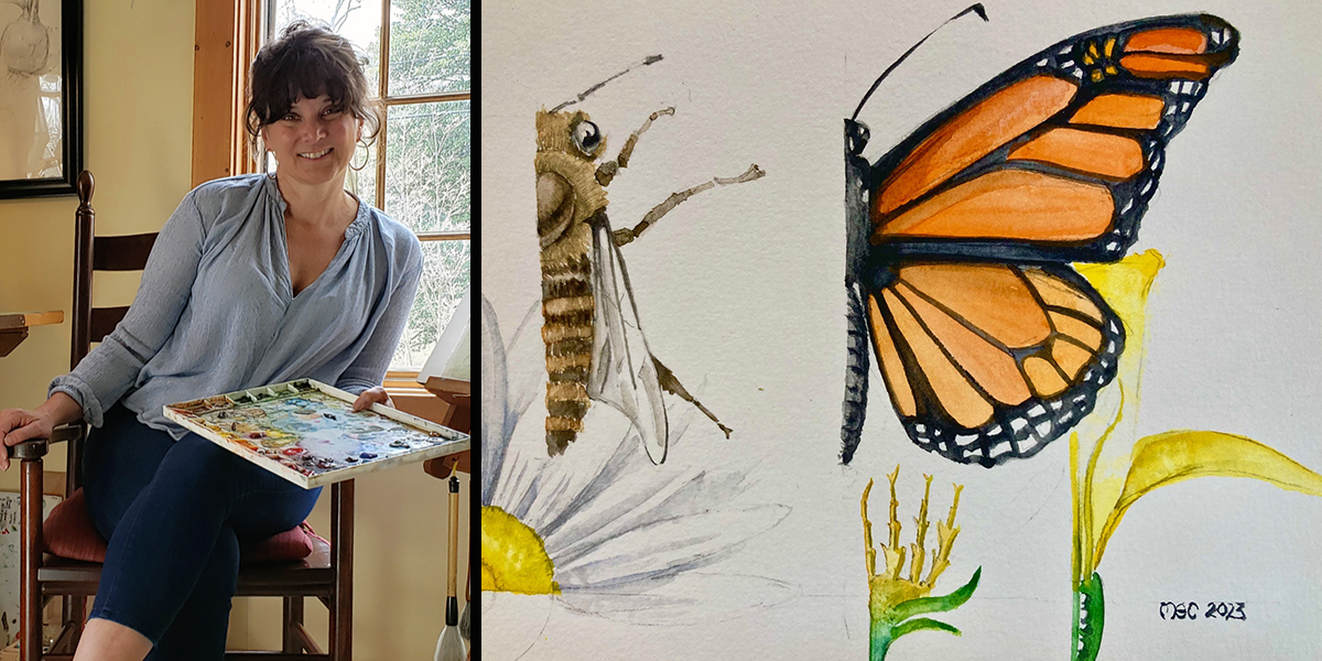 Mary Ellen in her home studio holding a watercolor palette (L): partial watercolor paintings of a bee and butterfly with the partial paintings of the plants they pollinate (R)